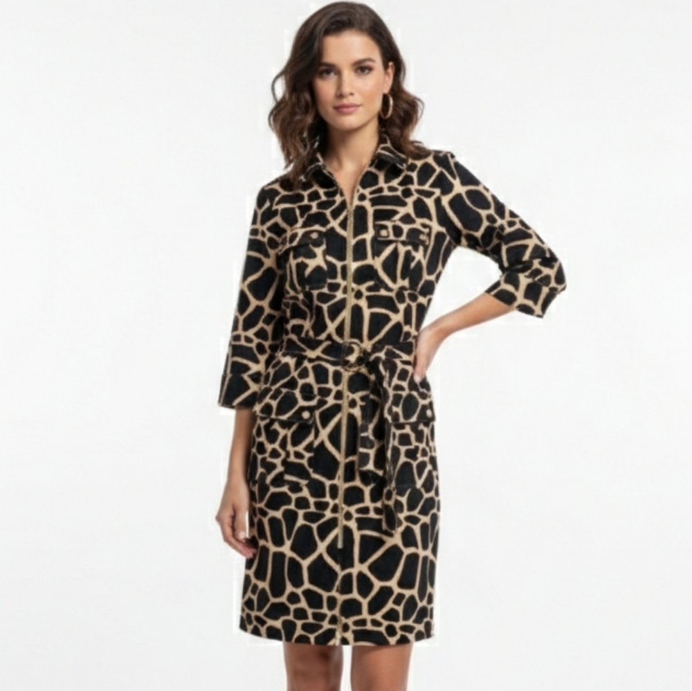 Monroe & Main Shirt Dress Brown Animal Print Street Club Belted L
